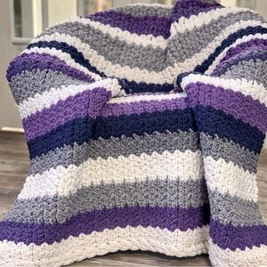 Cozy Striped Crochet Blanket - Purple, Gray, and White